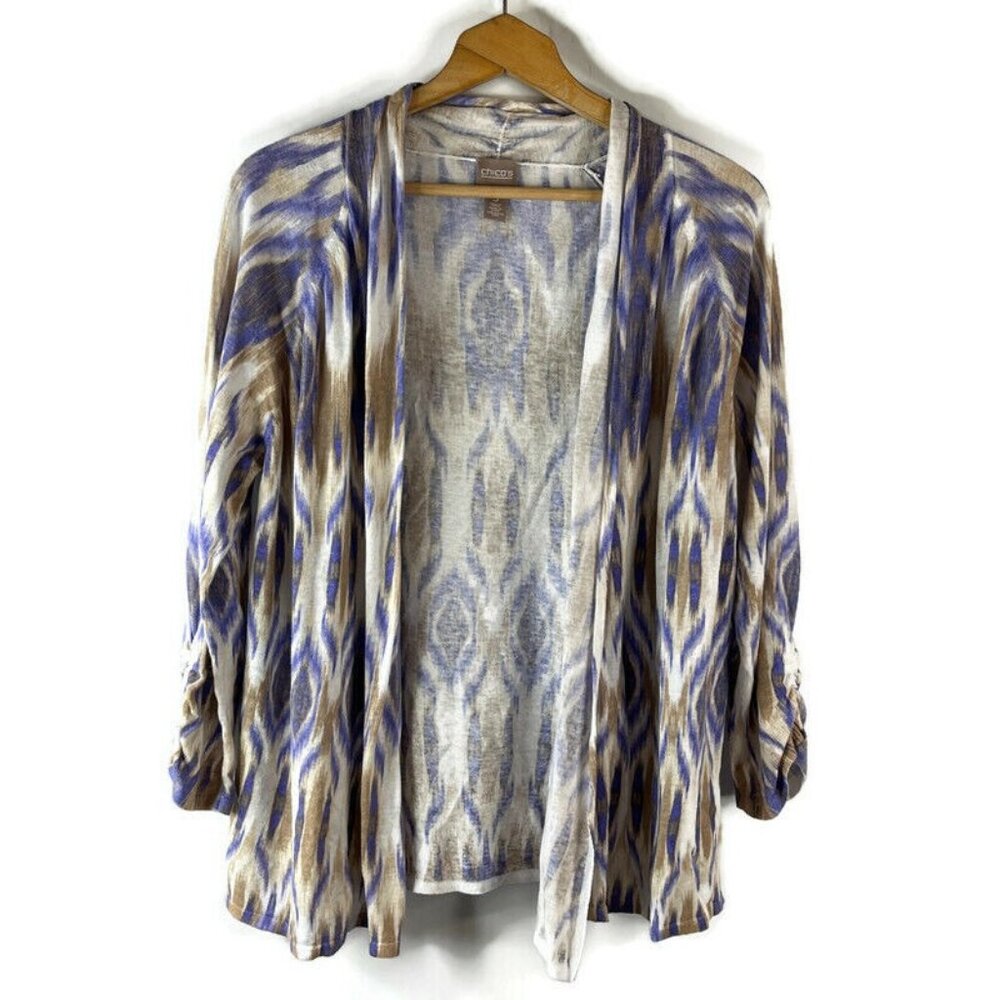 Chico's Womens Cardigan Sweater Size XL Purple Ikat Ruched 3/4 Sleeve Linen